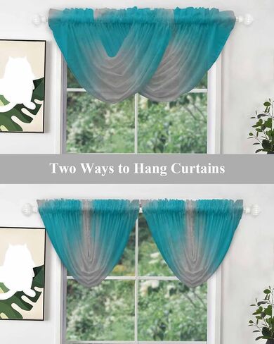 Ombre Turquoise Gray Waterfall Valance for Windows/Living Room/Bedroom, Simple Color Modern Striped Art Sheer Swag Valances Rod Pocket Curtains Kitchen Bathroom Window Treatment 3 Panels in Saudi Arabia