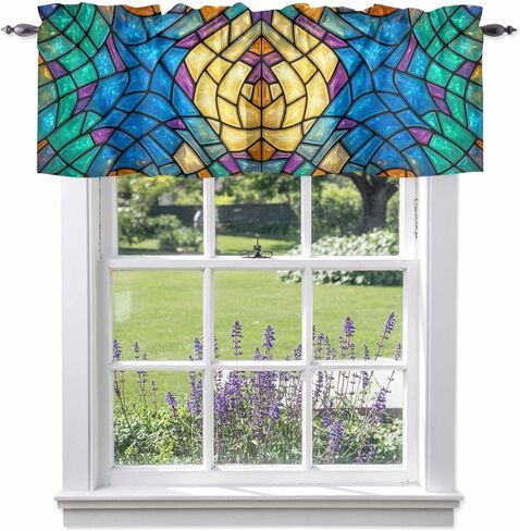 Stained Glass Valance for Windows 60"x18",Abstract Colorful Cracked Modern Art Rod Pocket Kitchen Curtains Panels Bedroom Living Room Bathroom Cafe Short Curtain Drape Decortive Window Treatment in Saudi Arabia