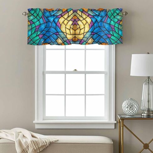 Stained Glass Valance for Windows 60"x18",Abstract Colorful Cracked Modern Art Rod Pocket Kitchen Curtains Panels Bedroom Living Room Bathroom Cafe Short Curtain Drape Decortive Window Treatment in Saudi Arabia