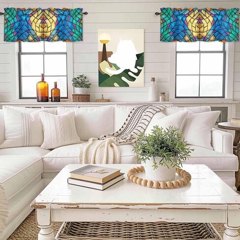 Stained Glass Valance for Windows 60"x18",Abstract Colorful Cracked Modern Art Rod Pocket Kitchen Curtains Panels Bedroom Living Room Bathroom Cafe Short Curtain Drape Decortive Window Treatment in Saudi Arabia