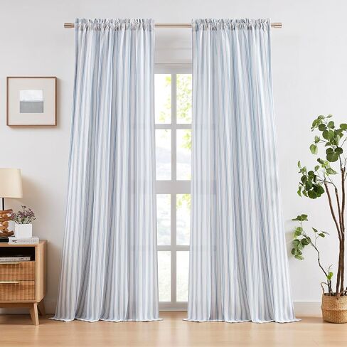 ZJDECOR 84 Inches Long Blue White Striped Window Curtains,Woven Stripe on White Cotton Blended Semi Sheer Drapes,Cottage Panels for Bedroom Living Room,Rod Pocket,55" Wx84 L(Pack of 2) in Saudi Arabia