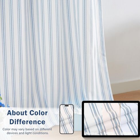 ZJDECOR 84 Inches Long Blue White Striped Window Curtains,Woven Stripe on White Cotton Blended Semi Sheer Drapes,Cottage Panels for Bedroom Living Room,Rod Pocket,55" Wx84 L(Pack of 2) in Saudi Arabia