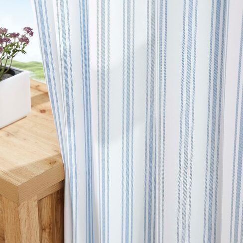 ZJDECOR 84 Inches Long Blue White Striped Window Curtains,Woven Stripe on White Cotton Blended Semi Sheer Drapes,Cottage Panels for Bedroom Living Room,Rod Pocket,55" Wx84 L(Pack of 2) in Saudi Arabia