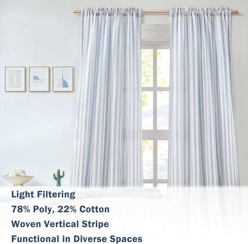 ZJDECOR 84 Inches Long Blue White Striped Window Curtains,Woven Stripe on White Cotton Blended Semi Sheer Drapes,Cottage Panels for Bedroom Living Room,Rod Pocket,55" Wx84 L(Pack of 2) in Saudi Arabia