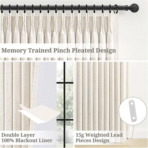 Pinch Pleated Linen Curtains Blackout 96 Inches Long 2 Panels Set for Living/Bedroom Darkening Viral Thermal Memory Trained Wide Curtain with Rings&Hooks 8FT Farmhouse Heavy Drapes 50"W x 96"L, Birch in Saudi Arabia