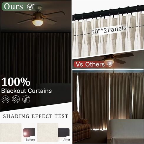 Pinch Pleated Linen Curtains Blackout 96 Inches Long 2 Panels Set for Living/Bedroom Darkening Viral Thermal Memory Trained Wide Curtain with Rings&Hooks 8FT Farmhouse Heavy Drapes 50"W x 96"L, Birch in Saudi Arabia