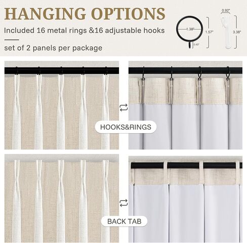 Pinch Pleated Linen Curtains Blackout 96 Inches Long 2 Panels Set for Living/Bedroom Darkening Viral Thermal Memory Trained Wide Curtain with Rings&Hooks 8FT Farmhouse Heavy Drapes 50"W x 96"L, Birch in Saudi Arabia