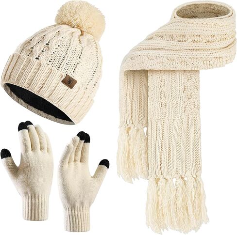 Womens Winter Warm Beanie Hat Touchscreen Gloves Lone Neck Scarf Set with Fleece Lined Pom Skull Cap Gift for Women 3PCS in Saudi Arabia