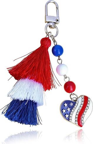Patriotic USA 250th Anniversary Keychain for Women - 4th of July Tassel Key Chain with American Flag Heart Charm, Red White Blue US Pride Accessories for Purses and Gifts in Saudi Arabia
