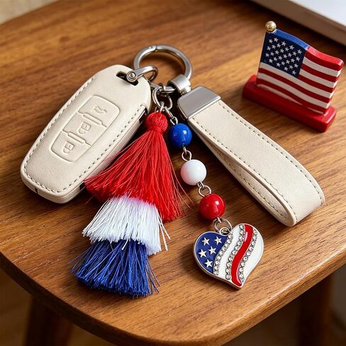 Patriotic USA 250th Anniversary Keychain for Women - 4th of July Tassel Key Chain with American Flag Heart Charm, Red White Blue US Pride Accessories for Purses and Gifts in Saudi Arabia