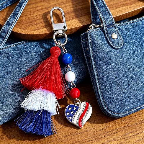 Patriotic USA 250th Anniversary Keychain for Women - 4th of July Tassel Key Chain with American Flag Heart Charm, Red White Blue US Pride Accessories for Purses and Gifts in Saudi Arabia