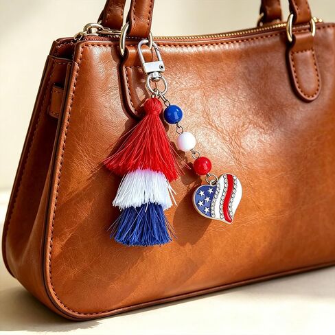 Patriotic USA 250th Anniversary Keychain for Women - 4th of July Tassel Key Chain with American Flag Heart Charm, Red White Blue US Pride Accessories for Purses and Gifts in Saudi Arabia