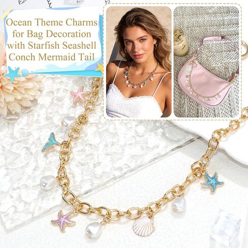 BELICEY Beachy Purse Charms Chain Starfish Seashell Alloy Bag Chains with Conch Keychain Elegant Pink Blue Handbag Decoration Chain Accessories for Shoulder Crossboby Women in Saudi Arabia