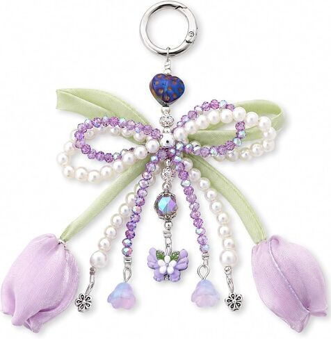 Cute Bag Charms Keychain - Bow Flowers Purse Charm for Handbags Tulip Keyring Bags Accessories Women Birthday Gifts in Kuwait