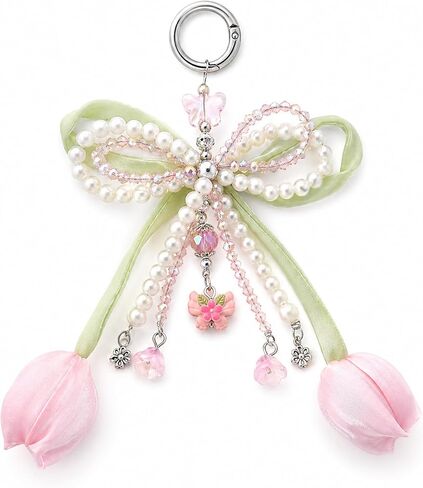 Cute Bag Charms Keychain - Bow Flowers Purse Charm for Handbags Tulip Keyring Bags Accessories Women Birthday Gifts in Kuwait
