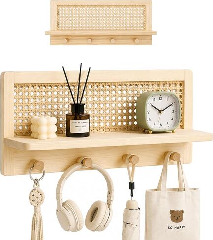 Rattan Wall Shelf with 4 Hooks, Entryway Key Holder & Coat Rack Wall Mount in Saudi Arabia