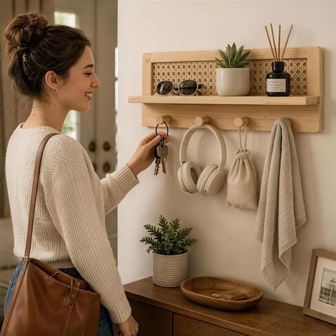 Rattan Wall Shelf with 4 Hooks, Entryway Key Holder & Coat Rack Wall Mount in Saudi Arabia