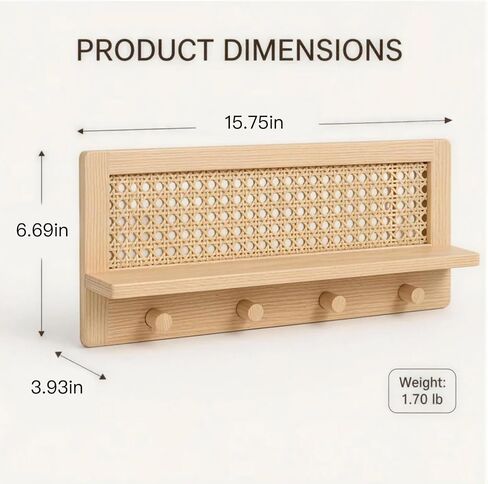 Rattan Wall Shelf with 4 Hooks, Entryway Key Holder & Coat Rack Wall Mount in Saudi Arabia