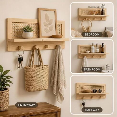 Rattan Wall Shelf with 4 Hooks, Entryway Key Holder & Coat Rack Wall Mount in Saudi Arabia