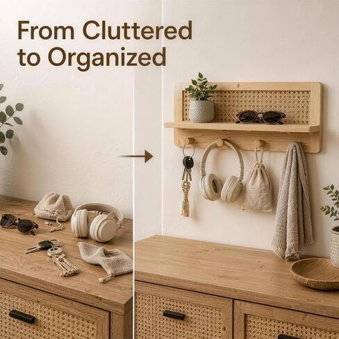 Rattan Wall Shelf with 4 Hooks, Entryway Key Holder & Coat Rack Wall Mount in Saudi Arabia