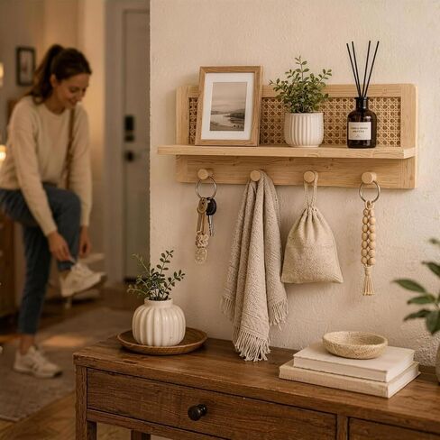 Rattan Wall Shelf with 4 Hooks, Entryway Key Holder & Coat Rack Wall Mount in Saudi Arabia