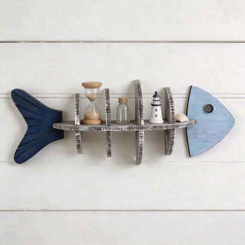 Wooden Fishbone Wall Decor, Floating Shelf, Nautical Coastal Wall Mounted Organizer, Driftwood Fish Display Shelf for Bedroom, Bathroom, Living Room, Lake House, Housewarming, Birthday Gift for Lovers in Saudi Arabia