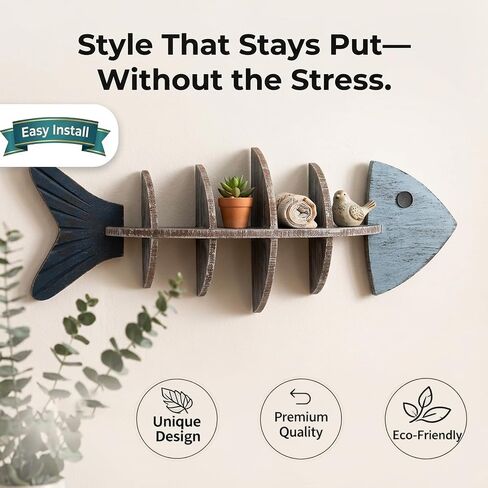 Wooden Fishbone Wall Decor, Floating Shelf, Nautical Coastal Wall Mounted Organizer, Driftwood Fish Display Shelf for Bedroom, Bathroom, Living Room, Lake House, Housewarming, Birthday Gift for Lovers in Saudi Arabia