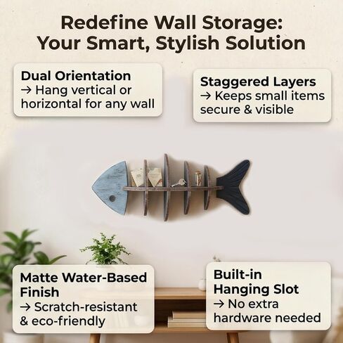 Wooden Fishbone Wall Decor, Floating Shelf, Nautical Coastal Wall Mounted Organizer, Driftwood Fish Display Shelf for Bedroom, Bathroom, Living Room, Lake House, Housewarming, Birthday Gift for Lovers in Saudi Arabia