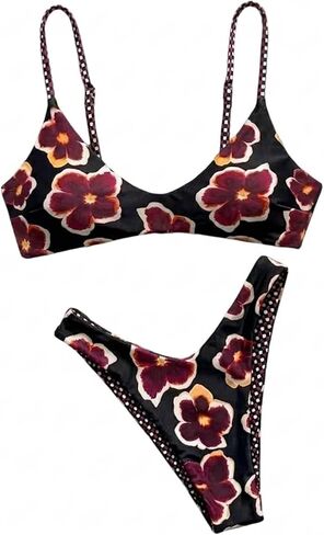 RoseSeek Women's 2 Piece Bikini Sets Floral Print Spaghetti Strap High Cut Swimsuits Cheeky Bathing Suit in Kuwait