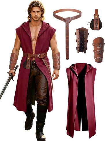 Medieval Hooded Sleeveless Surcoat for Men-Renaissance Viking Tunic Cloak with Belt and Bracers for Halloween, LARP in Kuwait