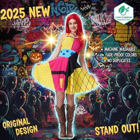 Graffiti Print Dress Costume Women with Red Wig Halloween Horror Movie Outfit Creepy Sundress for Halloween Party in Saudi Arabia