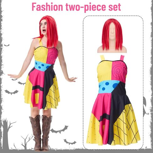 Graffiti Print Dress Costume Women with Red Wig Halloween Horror Movie Outfit Creepy Sundress for Halloween Party in Saudi Arabia