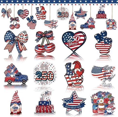 4th of July Wooden Ornaments - 12 Pcs US Patriotic Hanging Decorations with DIY Blank Backs, Vintage American Flag Designs for Independence Day 250th Anniversary Home Decor in Saudi Arabia