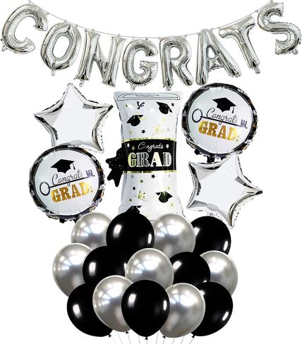 Katchon ، Silver Congrats Balloons مجموعة - 28 بوصة كبيرة ، حزمة 27 | ديكورات التخرج السوداء والفضية 2025 | مبروك البالونات ، فئة زخارف التخرج من 2025 in Kuwait
