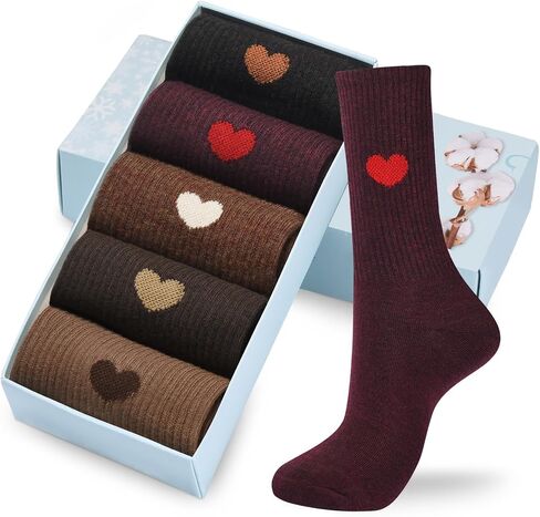 Corlap Women's Cotton Crew Calf Socks - 5 Pairs Ankle High Dress Casual Socks, Fun Cute Heart Gifts for Mom Mother in Saudi Arabia