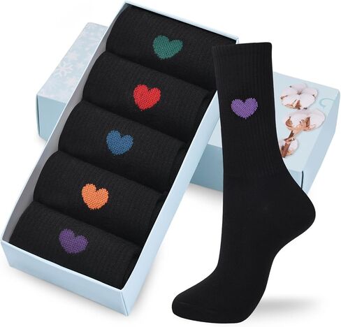 Corlap Women's Cotton Crew Calf Socks - 5 Pairs Ankle High Dress Casual Socks, Fun Cute Heart Gifts for Mom Mother in Kuwait