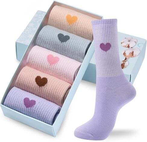 Corlap Women's Cotton Crew Calf Socks - 5 Pairs Ankle High Dress Casual Socks, Fun Cute Heart Gifts for Mom Mother in Kuwait