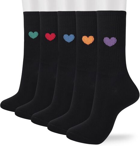 Corlap Women's Cotton Crew Calf Socks - 5 Pairs Ankle High Dress Casual Socks, Fun Cute Heart Gifts for Mom Mother in Kuwait