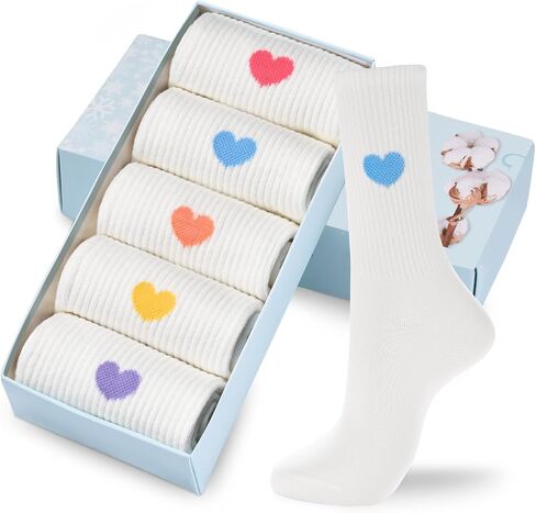 Corlap Women's Cotton Crew Calf Socks - 5 Pairs Ankle High Dress Casual Socks, Fun Cute Heart Gifts for Mom Mother in Kuwait