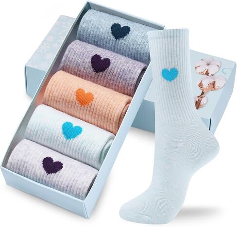 Corlap Women's Cotton Crew Calf Socks - 5 Pairs Ankle High Dress Casual Socks, Fun Cute Heart Gifts for Mom Mother in Kuwait