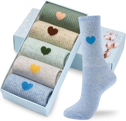 Corlap Women's Cotton Crew Calf Socks - 5 Pairs Ankle High Dress Casual Socks, Fun Cute Heart Gifts for Mom Mother in Kuwait