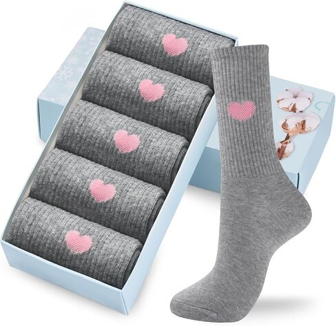 Corlap Women's Cotton Crew Calf Socks - 5 Pairs Ankle High Dress Casual Socks, Fun Cute Heart Gifts for Mom Mother in Kuwait