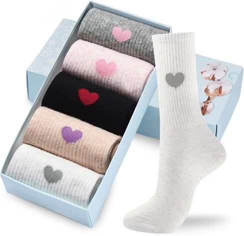 Corlap Women's Cotton Crew Calf Socks - 5 Pairs Ankle High Dress Casual Socks, Fun Cute Heart Gifts for Mom Mother in Kuwait