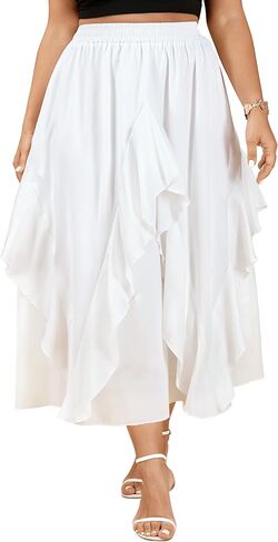 SCOMCHIC Plus Size Midi Skirts for Women Summer Fashion High Waisted Long Ruffle Flowy Casual Boho Beach Skirt with Pockets in Kuwait