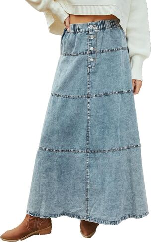 Denim Mid Skirt for Women Elastic High Waist A Line Tiered Long Maxi Jean Skirts 2026 Fashion Summer Outfits in Saudi Arabia