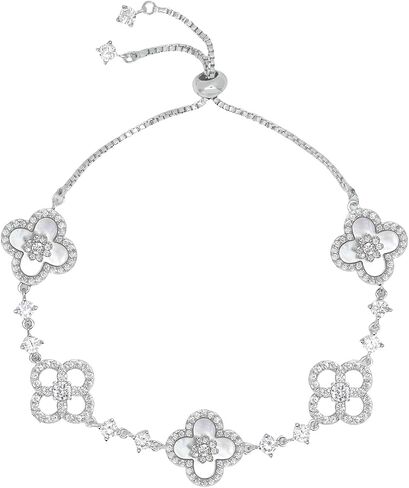 Aura & Irena Adjustable 18K Platinum Plated Clover Bracelets for Women - Mother of Pearl Non-Bangle Bracelet with 3A Cubic Zirconia, Valentine's Day Hypoallergenic Gift in Saudi Arabia