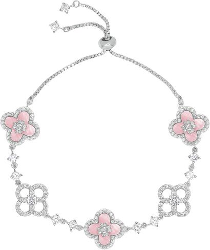 Aura & Irena Adjustable 18K Platinum Plated Clover Bracelets for Women - Mother of Pearl Non-Bangle Bracelet with 3A Cubic Zirconia, Valentine's Day Hypoallergenic Gift in Saudi Arabia