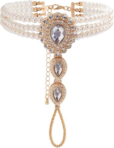 AIBFRID Pearl Rhinestone Bracelet for Women, Elegant Teardrop Crystal Finger Ring Bracelet Hand Chain Bohemian Bridal Wedding Jewelry Vintage Hand Harness for Prom & Parties in Saudi Arabia