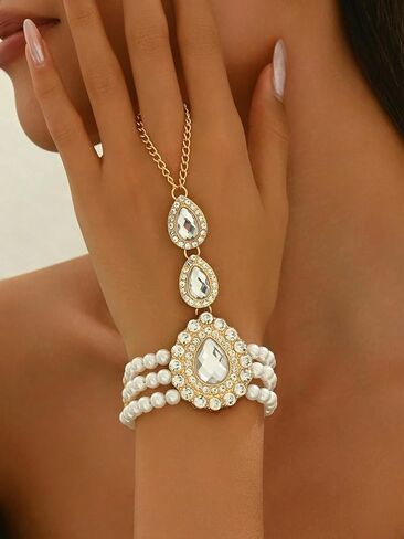 AIBFRID Pearl Rhinestone Bracelet for Women, Elegant Teardrop Crystal Finger Ring Bracelet Hand Chain Bohemian Bridal Wedding Jewelry Vintage Hand Harness for Prom & Parties in Saudi Arabia