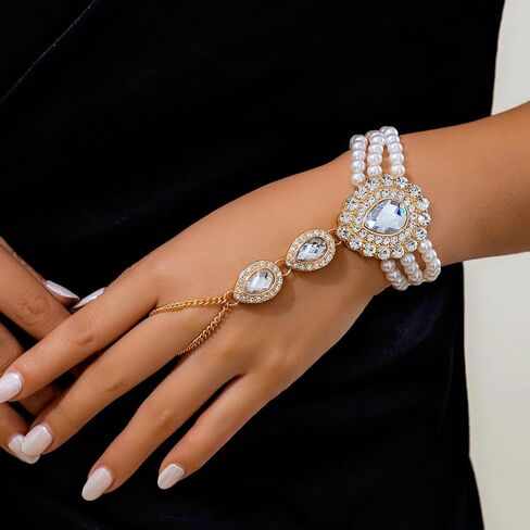 AIBFRID Pearl Rhinestone Bracelet for Women, Elegant Teardrop Crystal Finger Ring Bracelet Hand Chain Bohemian Bridal Wedding Jewelry Vintage Hand Harness for Prom & Parties in Saudi Arabia